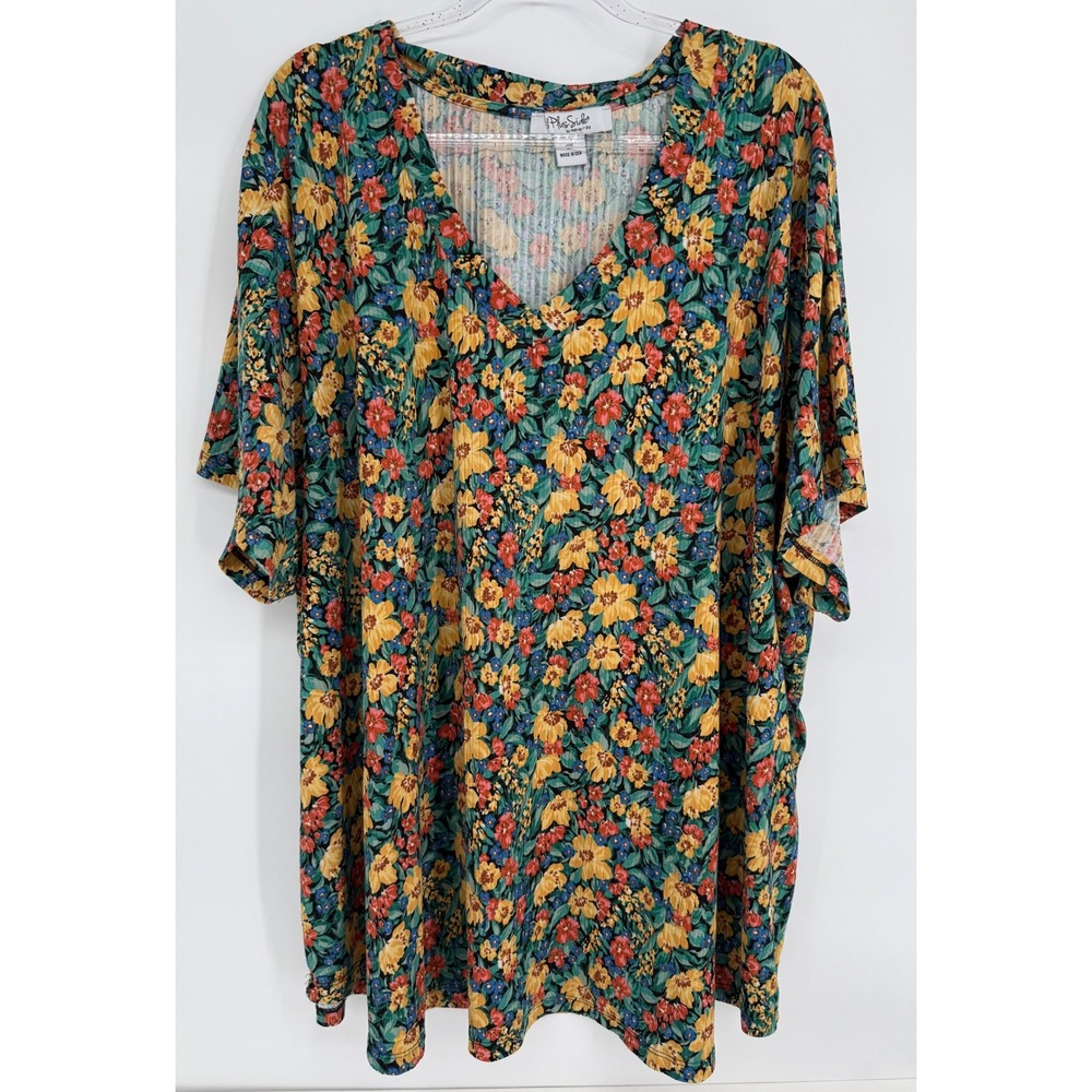 On The Plus Side Floral V-Neck Ribbed Knit Short Sleeve Top Sz 5X Made in USA